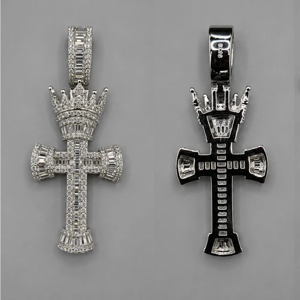 Men's 925 Sterling Silver Crown Cross Pendant 3.80CTW MOISSANITE